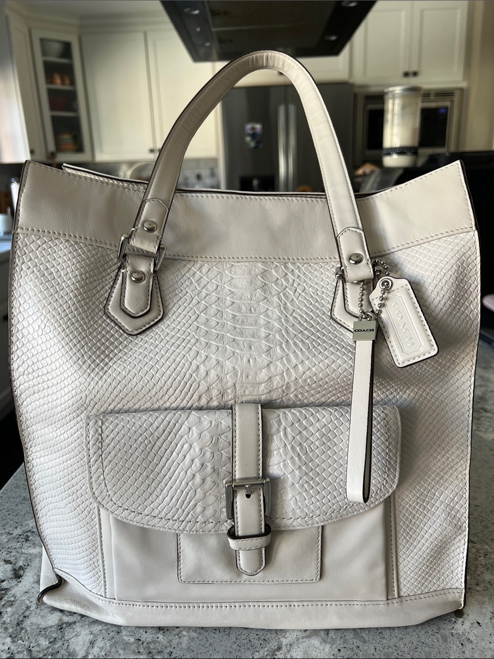 COACH Charlie Large Tote Bag Off-White Embossed Python Snake Print F28723 EUC